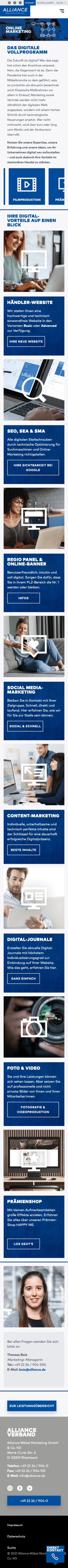 Die von der B2B Kommunikationsagentur erstellte Website. Dargestellt ist das Webdesign der Unterseite Marketing.