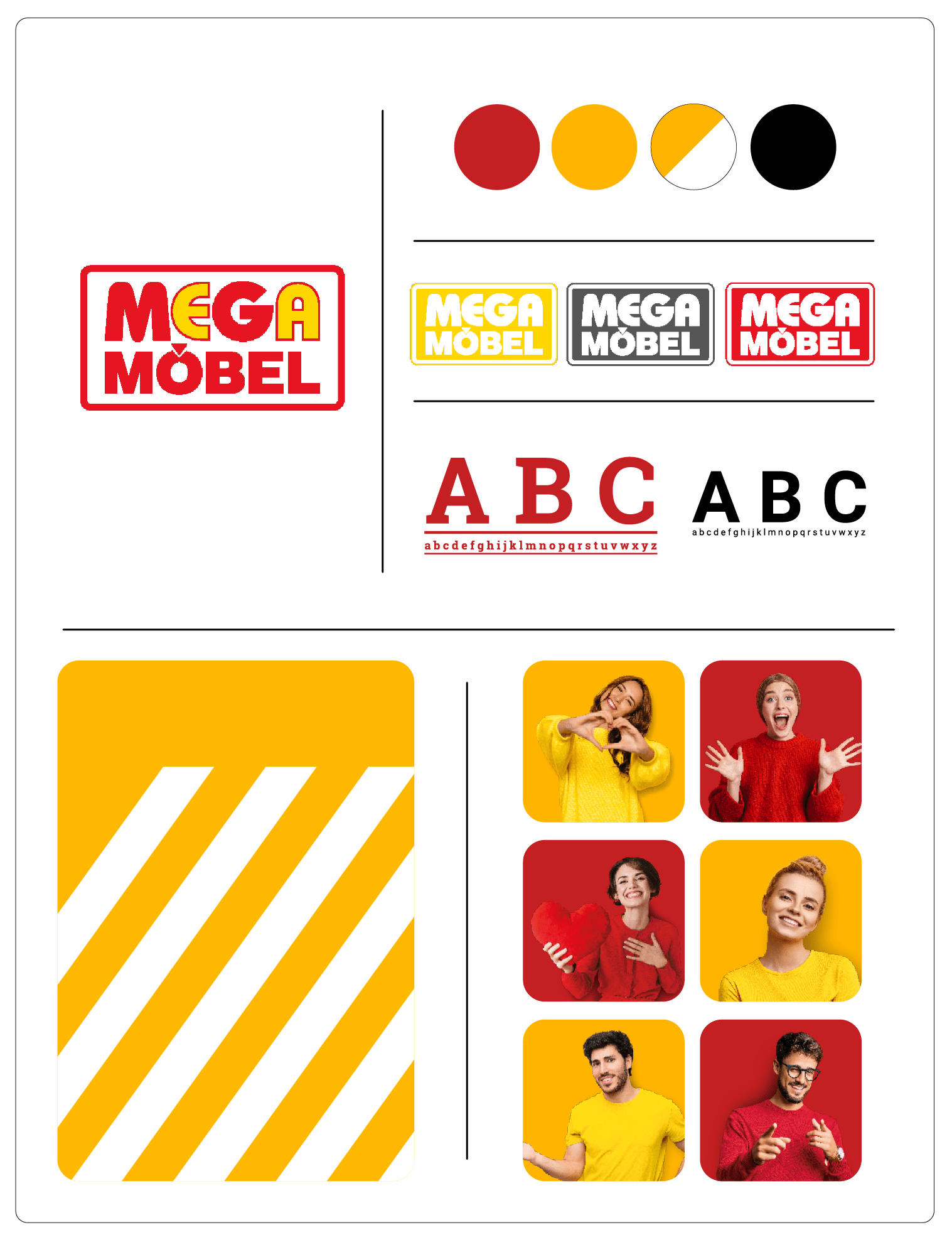 StyleGuide von Mega Küchen. Es werden Logo Varianten, die Farbwelt und Stilelemente von Mega Möbel geziegt. Außerdem wird die Bildsprache anhand von People Fotos vor einfarbigem HIntergrund gezeigt.