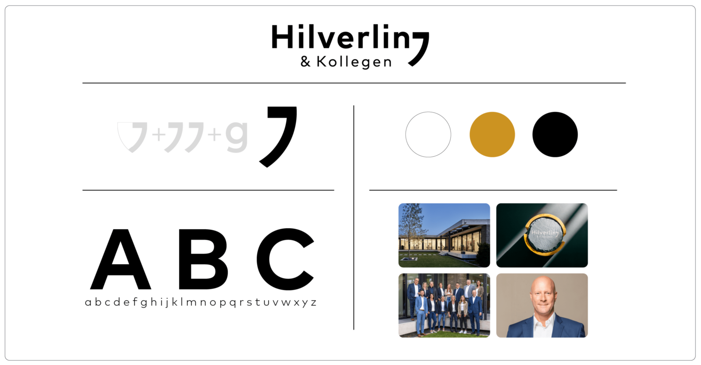 StyleGuide des Kunden Hilverling. Es wird die herleitung der Bildmarke, Die Schriftenauswahl, die Farben und di Bildsprache in Form von Fotos gezeigt.