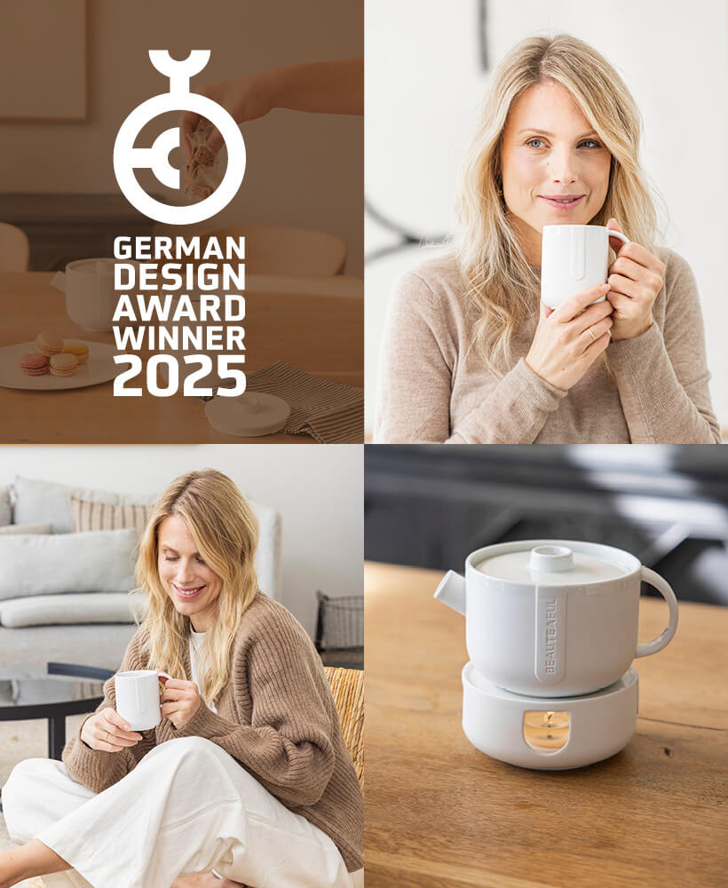 Headerbild als Collage aus verschiedenen Bildern: Frau mit Teetasse, Teekanne, Frau trinkt Tee, gedeckte Teetafel und Abbildung Signet German Design Award