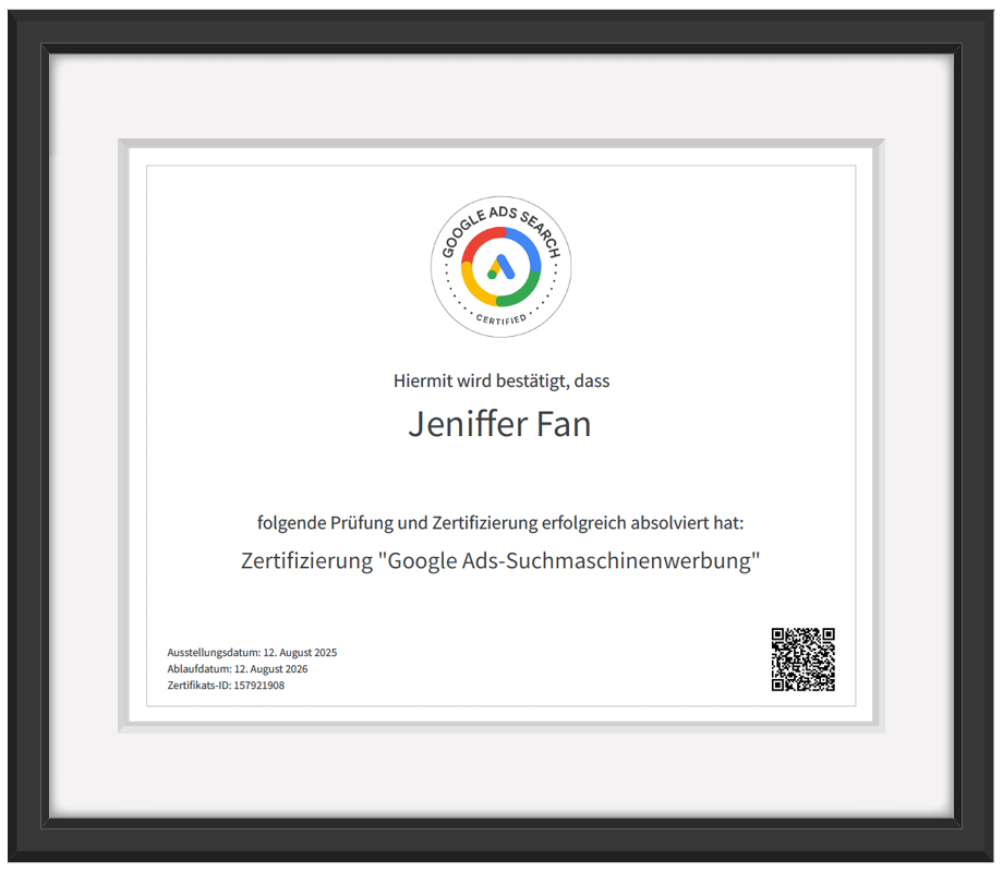 Zertifizierung in einem Rahmen.