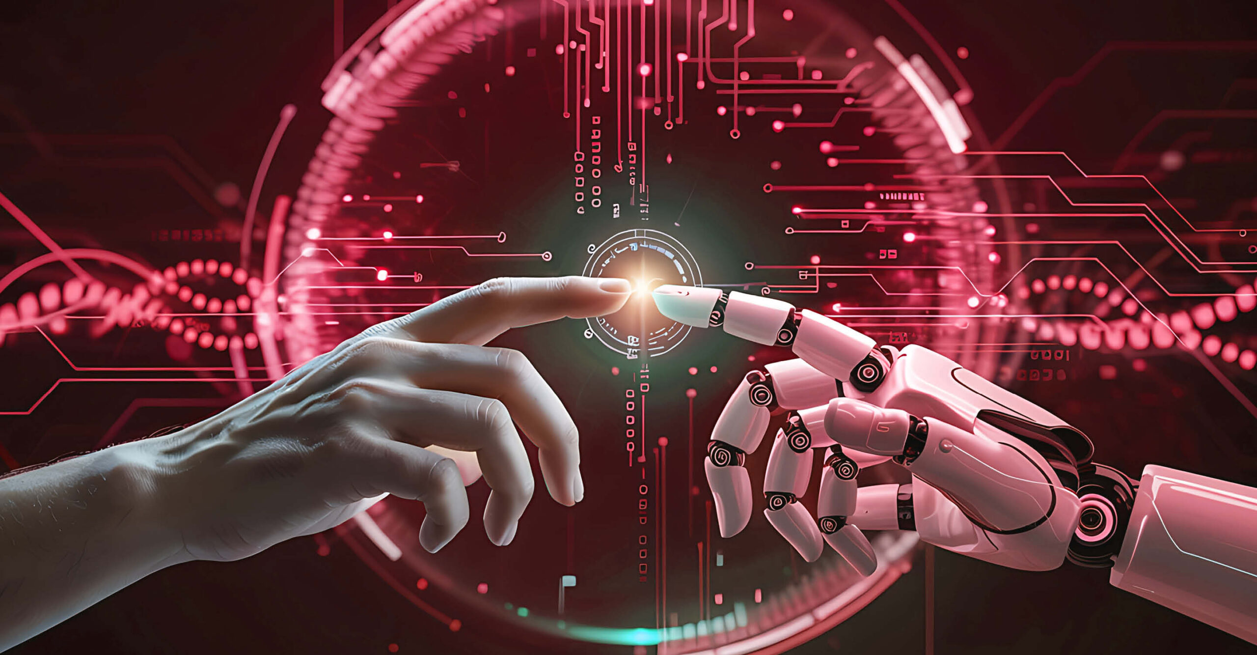 Eine menschliche Hand und eine Roboterhand greifen wie bei Der Schöpfung aufeinanderzu und ihre Fingersptizen berühren sich: KI und Mensch in Einklang.