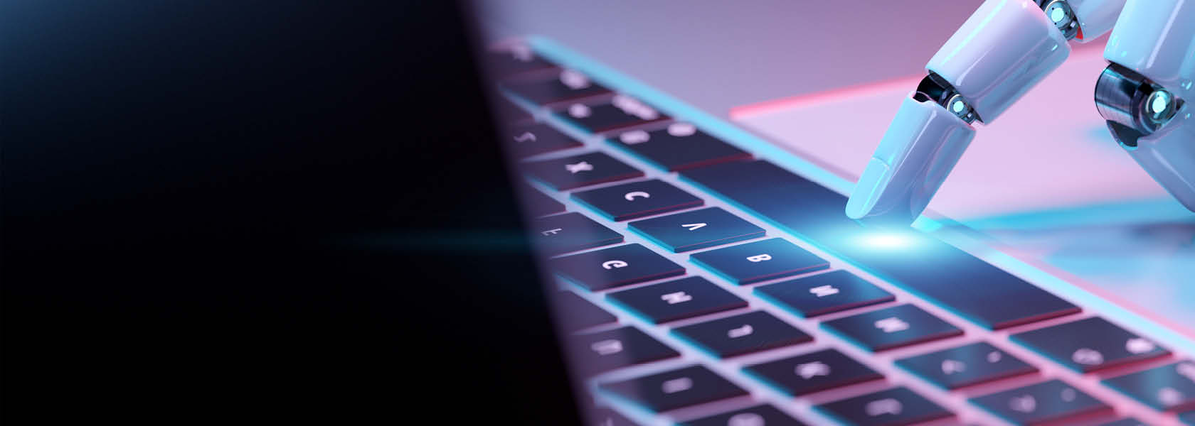 Roboterfinger tippt auf Tastatur im Neonlicht – symbolisiert KI-gestützte Texterstellung im Kontext von Google AI Overviews & ChatGPT.