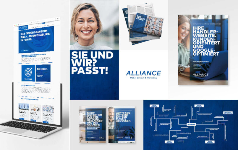 Kampagnenmotive, Website und Printdesign für Alliance Marketing zeigen klare Markenkommunikation und digitales Marketing