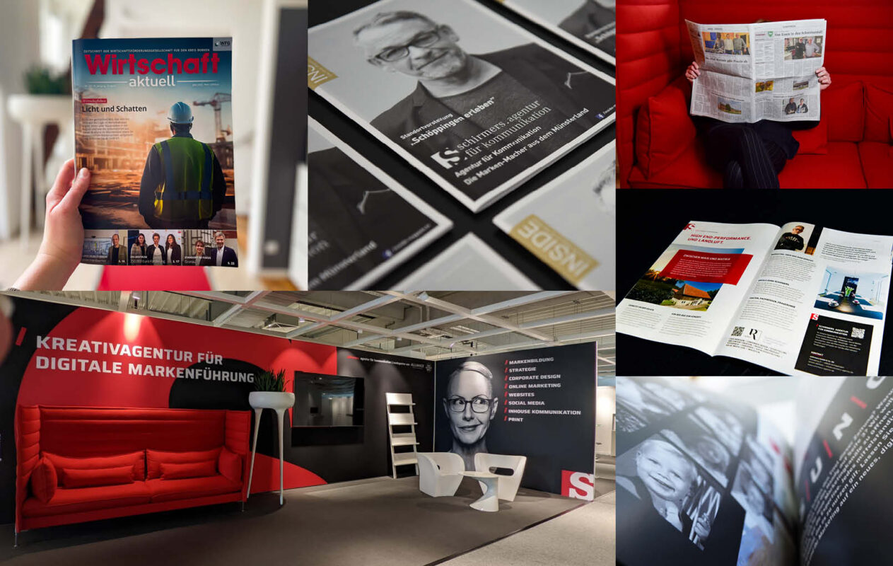Magazincover, Printanzeigen und Messestand zeigen kreative Markenkommunikation, Editorial Design und Messeauftritt der Agentur