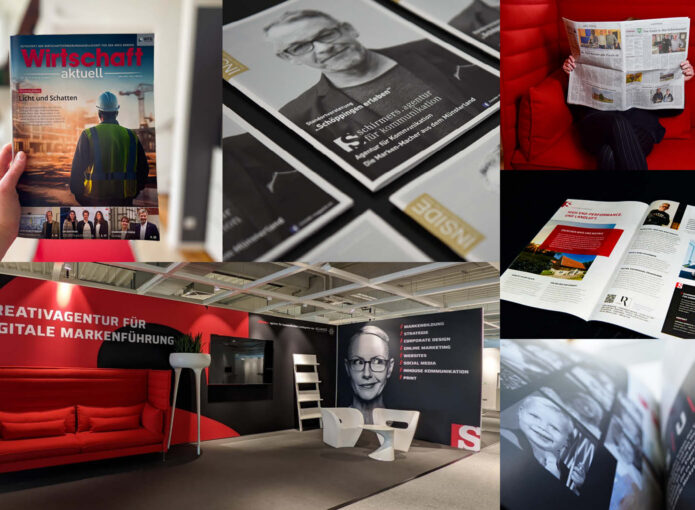 Magazincover, Printanzeigen und Messestand zeigen kreative Markenkommunikation, Editorial Design und Messeauftritt der Agentur