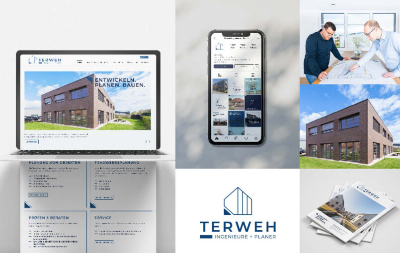 Website, App und Printdesign für Terweh Ingenieure zeigen Architektur, Planung und Corporate Design auf Laptop, Smartphone und Broschüren