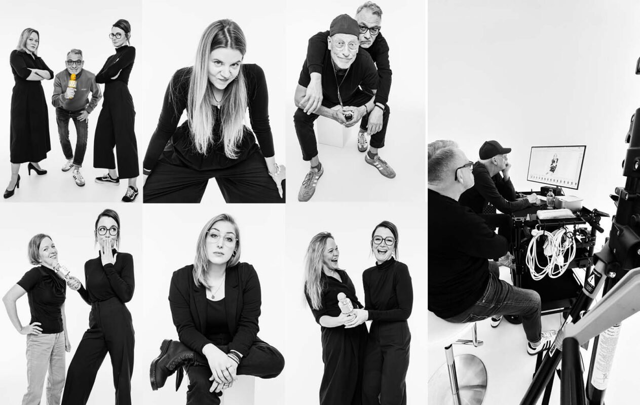 Schwarz-weiße Teamfotos und Fotoshooting-Szenen zeigen Mitarbeiter in verschiedenen Posen sowie kreative Arbeit im Fotostudio