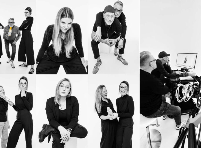 Schwarz-weiße Teamfotos und Fotoshooting-Szenen zeigen Mitarbeiter in verschiedenen Posen sowie kreative Arbeit im Fotostudio