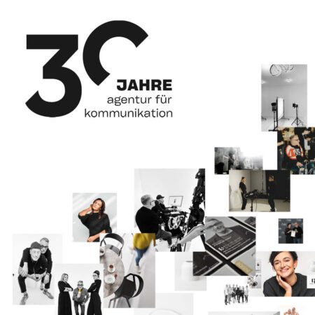 30 Jahre Agentur für Kommunikation: Collage aus Teamfotos, Fotoshootings, Events und Studioarbeit zeigt kreative Projekte und Menschen der Agentur
