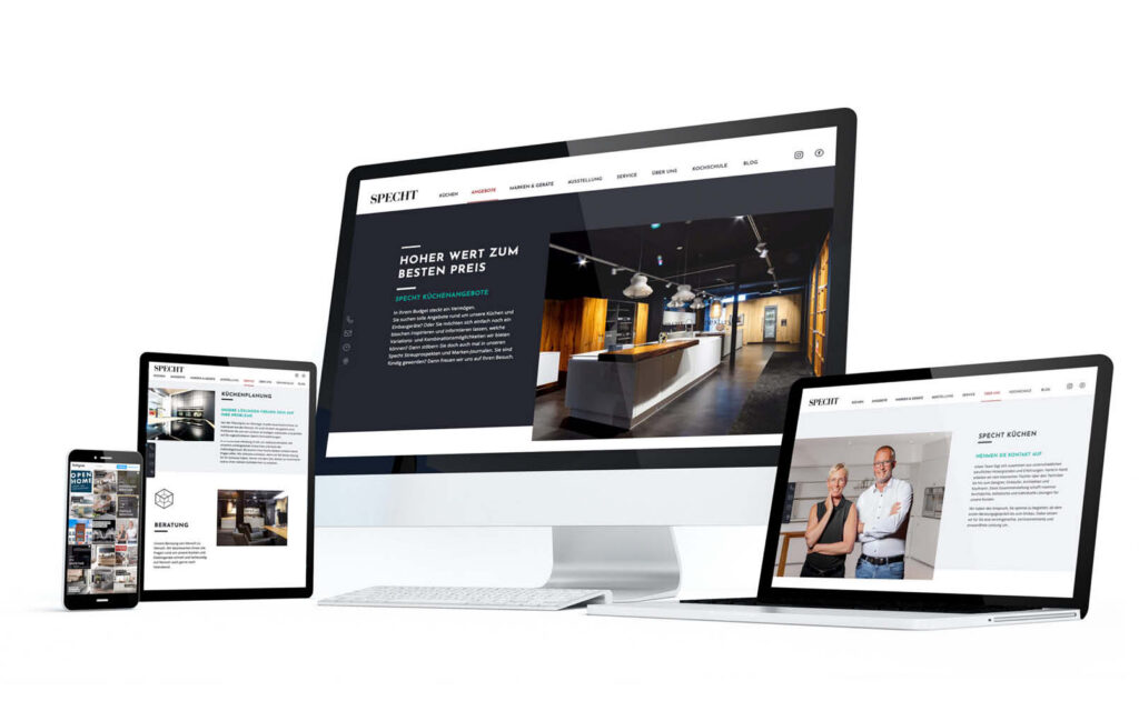 Webdesign von Schirmers für Specht Küchen: responsive Websites auf Smartphone, Tablet, Desktop und Laptop.
