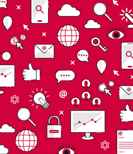 Zentrale Bausteine eines Marketingkonzepts: Online-Marketing, Kommunikation, Performance-Tracking und digitale Strategie.
