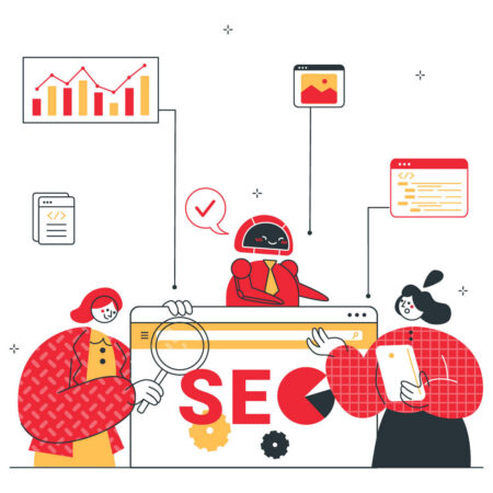 Illustration zur KI-gestützten Suchmaschinenoptimierung mit zwei Personen, einem Roboter, Browserfenster, Diagrammen, Code-Symbolen und einer großen SEO-Suchmaske als Symbol für Google-Sichtbarkeit, Content-Analyse und digitales marketing