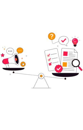 Illustration einer Waage mit Megafon und Social-Media-Symbolen auf der einen sowie Dokumenten, Checkliste und Lupe für Analyse und Qualitätsprüfung auf der anderen Seite.