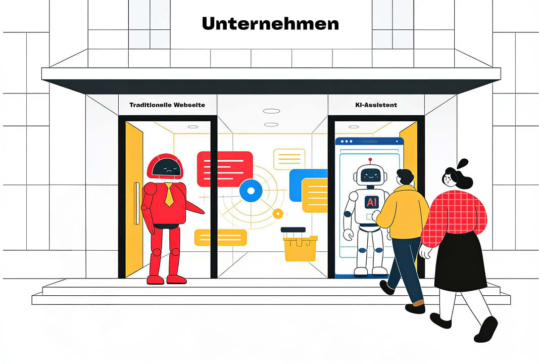 Illustration eines Unternehmensgebäudes mit zwei Eingängen für eine traditionelle Website und einen KI-Assistenten, vor denen zwei Personen die digitalen Angebote vergleichen.
