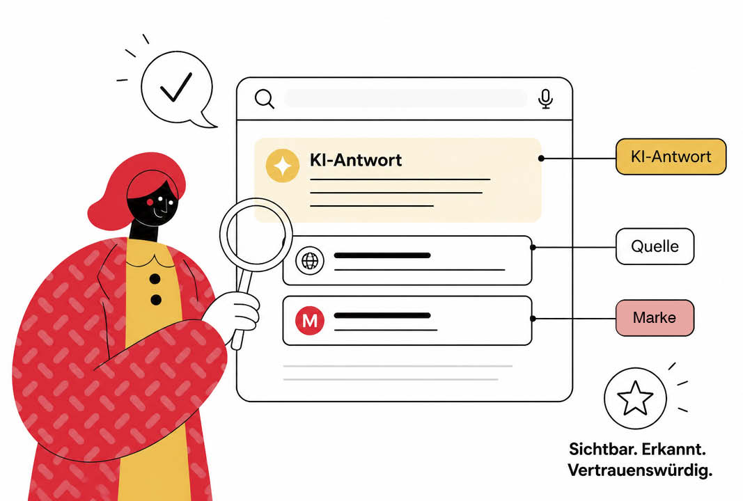 Illustration einer Person mit Lupe vor einer Suchoberfläche, in der eine KI-Antwort sowie zugehörige Quelle und Marke deutlich gekennzeichnet sind.