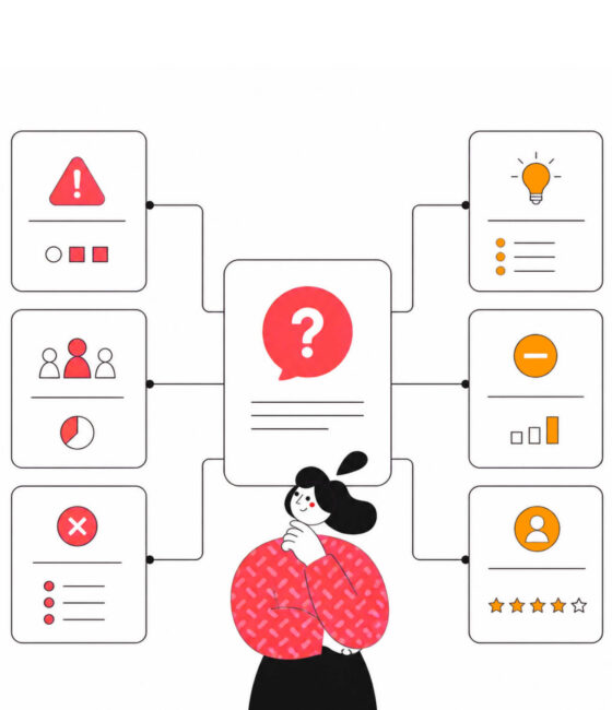Illustration einer Frau die eine virtuelle Marketing Analyse über sich als eine Art Dashboard hat
