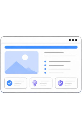 Minimalistische Illustration eines Browserfensters mit Bildbereich, Textzeilen, Aufzählung und drei Informationskarten für Qualität, Ideen und Sicherheit einer Website.