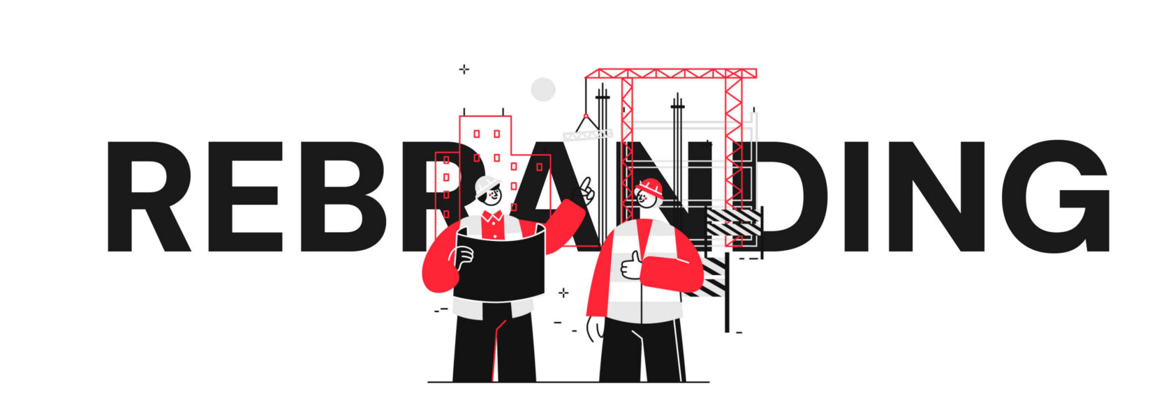 Illustration mit Bauarbeitern vor dem Schriftzug „Rebranding“ – Symbolbild für Markenumbau und strategische Neuausrichtung.