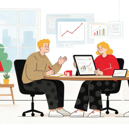 Illustration eines Beratungsgesprächs im Büro: Zwei Personen analysieren auf Tablet und Bildschirm steigende Diagramme und Kennzahlen – als Symbol für KI-gestütztes Employer Branding, datenbasiertes Marketing und strategische Kommunikation